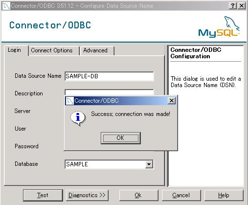 Testボタンにより、MySQLサーバーに正しく接続することができました